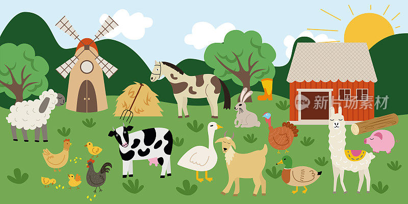 大羊驼，公羊，绵羊，牛，猪，马，山羊，鸭子，野兔，兔子，鸡，鸡，公鸡，鹅在一个有磨坊，干草叉，房子，干草堆，树的农场的村庄里