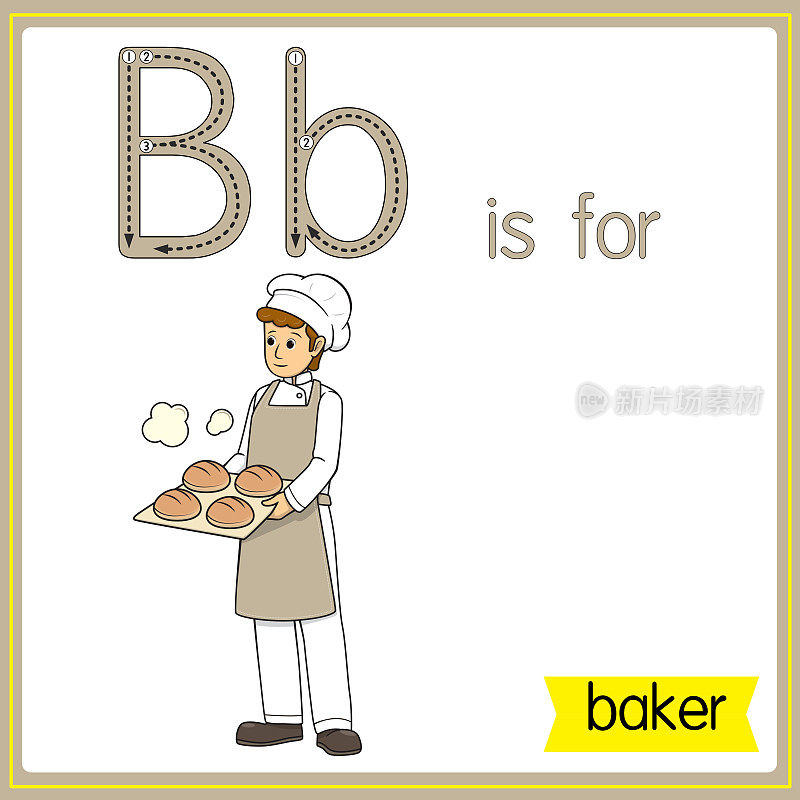 矢量插图学习字母为儿童与卡通形象。字母B代表baker。