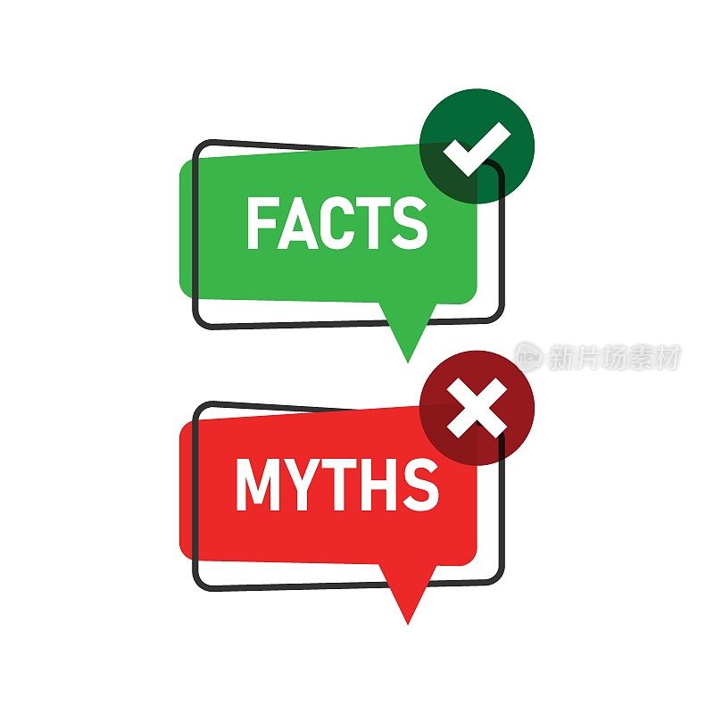 神话vs事实图标在平风格。真或假矢量说明在白色孤立的背景。比较标志经营理念。