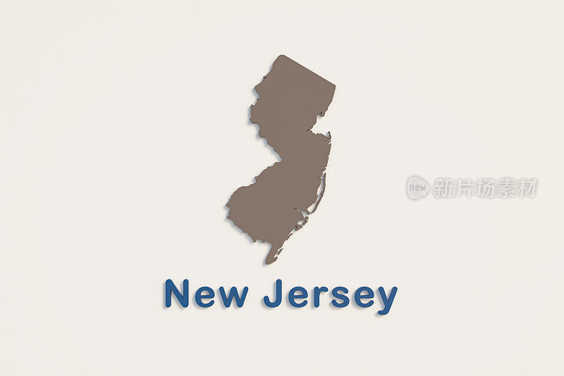 新泽西州的地图是棕色的，地图下面是新泽西州的名字是蓝色的。