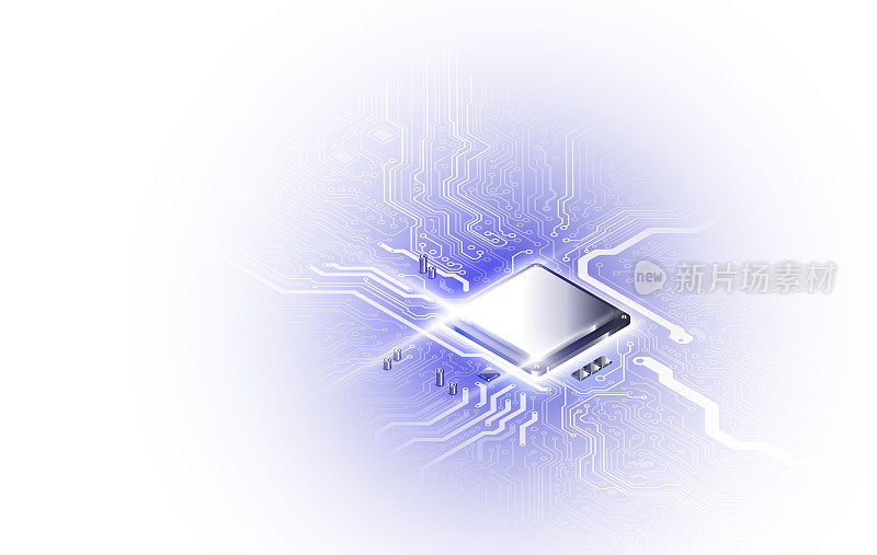 摘要技术芯片处理器背景电路板及html代码，3D插画蓝色技术背景矢量。