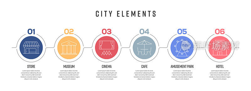 城市元素概念矢量线信息图形设计与图标。6选项或步骤的展示，横幅，工作流程布局，流程图等。