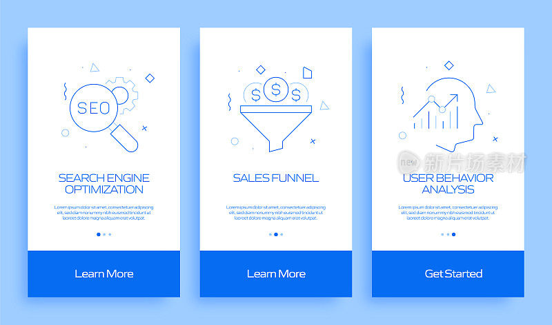 搜索引擎优化概念Onboarding移动应用程序页面屏幕与平面图标。UI设计模板矢量插图