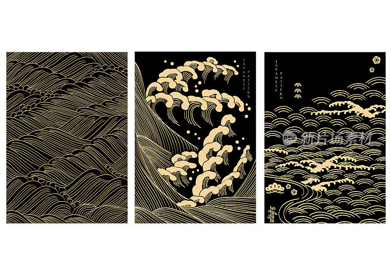 日本背景与黄金纹理手绘波浪海矢量。带有抽象线条图案的亚洲传统装饰。模板的设计。