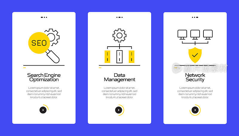 搜索引擎优化概念Onboarding移动应用程序页面屏幕与平面图标。用户体验，UI设计模板矢量插图