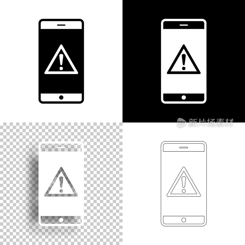 智能手机与危险警告注意。图标设计。空白，白色和黑色背景-线图标