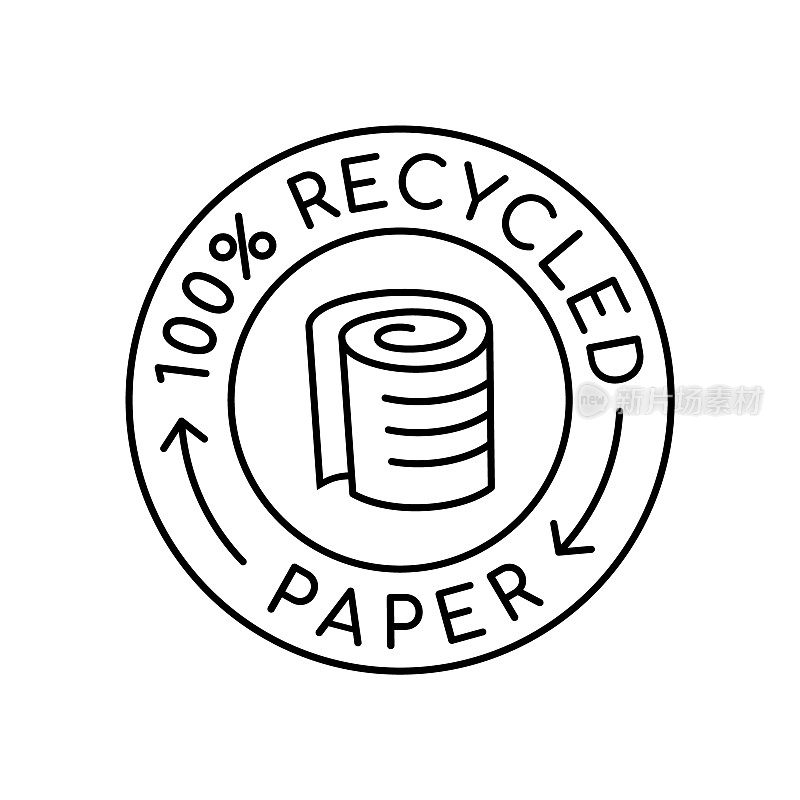 100%再生纸标志，符号或标志。纸卷在一个循环箭头。