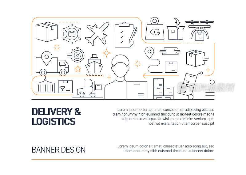 配送和物流相关的矢量横幅设计概念，现代线条风格与图标