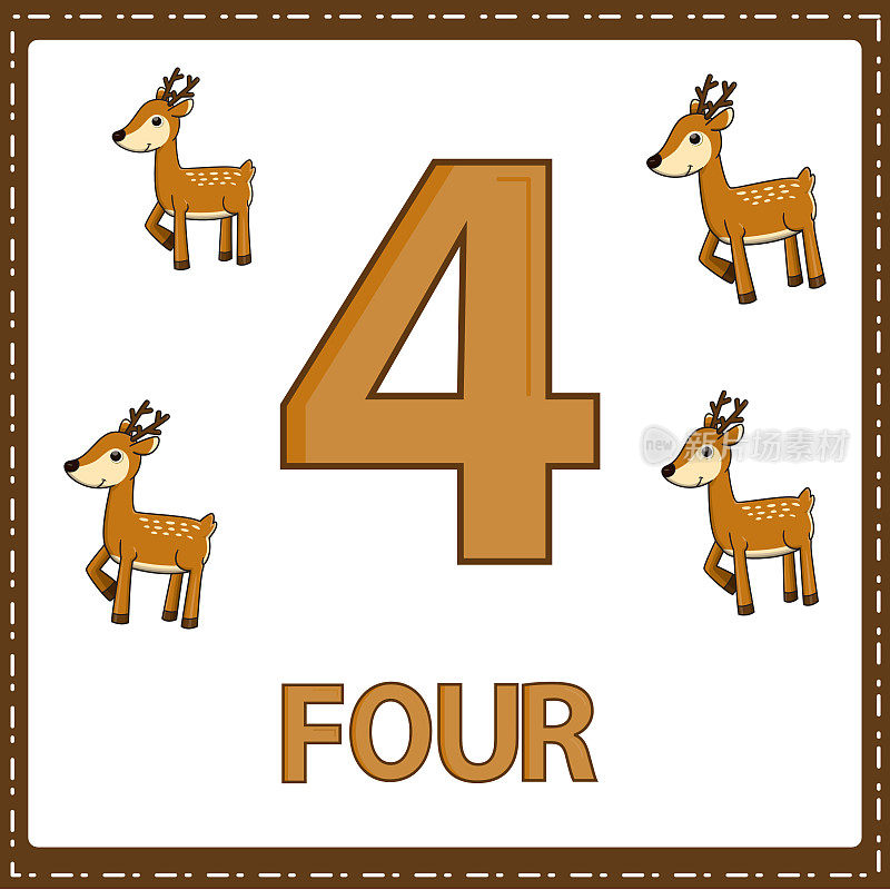 儿童数字教育插图。在动物类别中，孩子们学会了数4和4只鹿，如图所示。