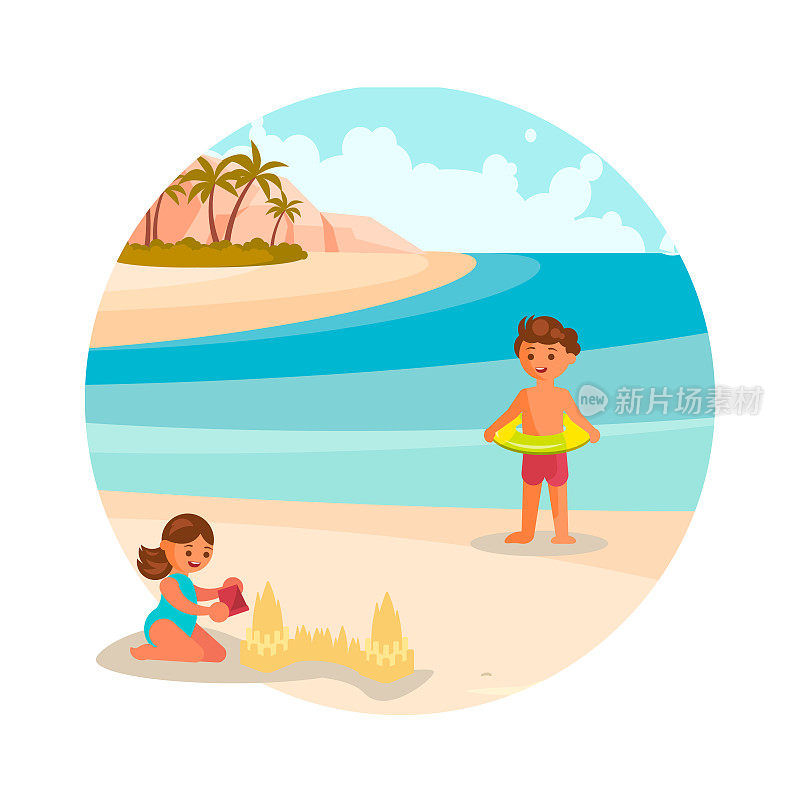 圆形图标夏季活动。孩子们在沙滩上玩沙堡。