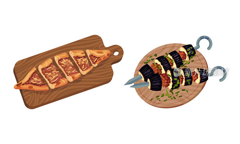 土耳其国家食品与烤肉串和饼上面的视图向量集