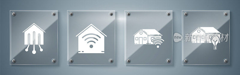 设置智能家居和灯泡，智能家居带wi-fi，智能家居带wi-fi和智能家居。方形玻璃面板。向量