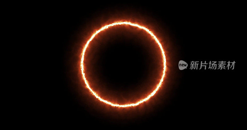 火红的黄戒指在黑色的背景上。摘要太阳火焰圆。一个燃烧的火环逐渐出现，并在一个圆圈内持续燃烧