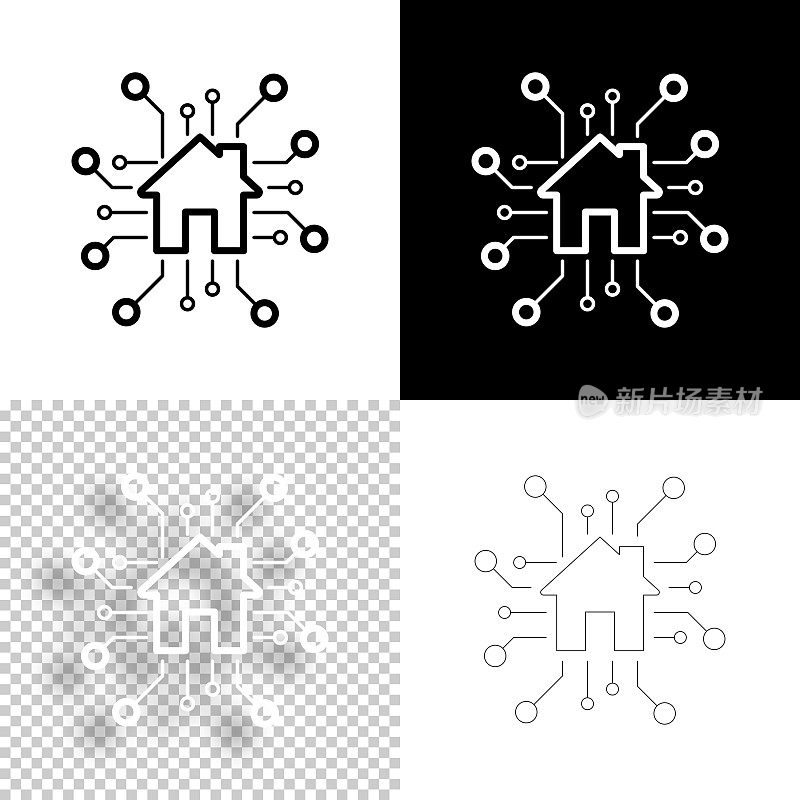 智能家居。图标设计。空白，白色和黑色背景-线图标
