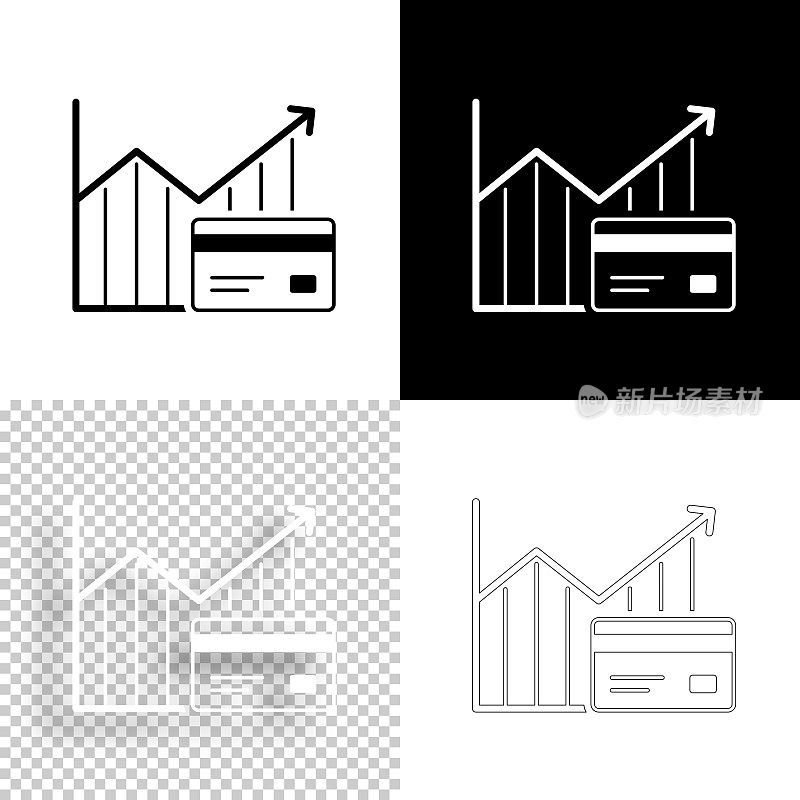 增长的图表与信用卡。图标设计。空白，白色和黑色背景-线图标