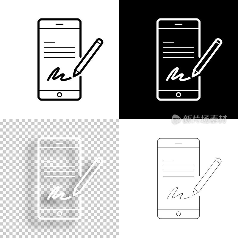 智能手机上的电子签名。图标设计。空白，白色和黑色背景-线图标