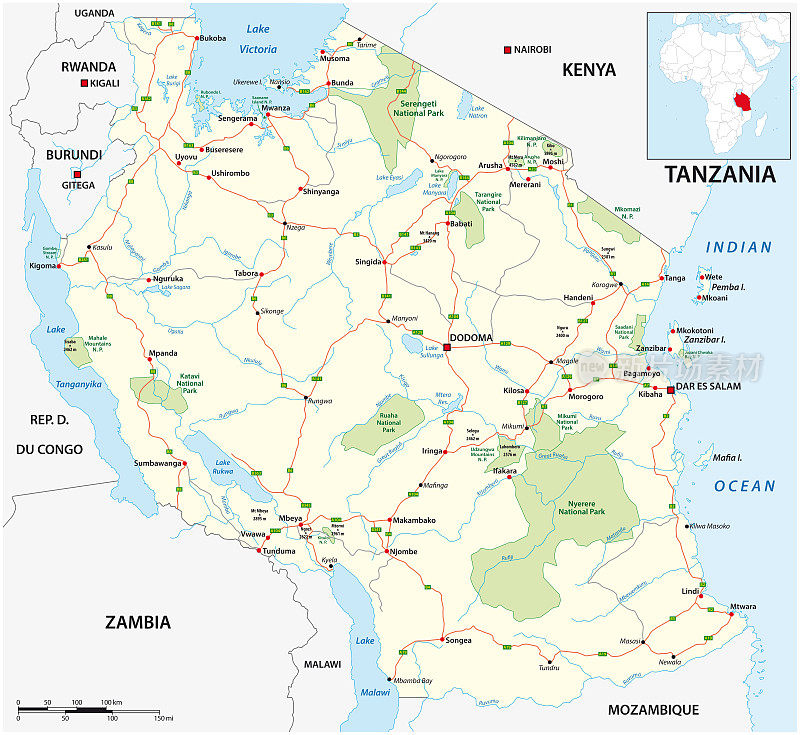 道路和坦桑尼亚国家公园矢量地图