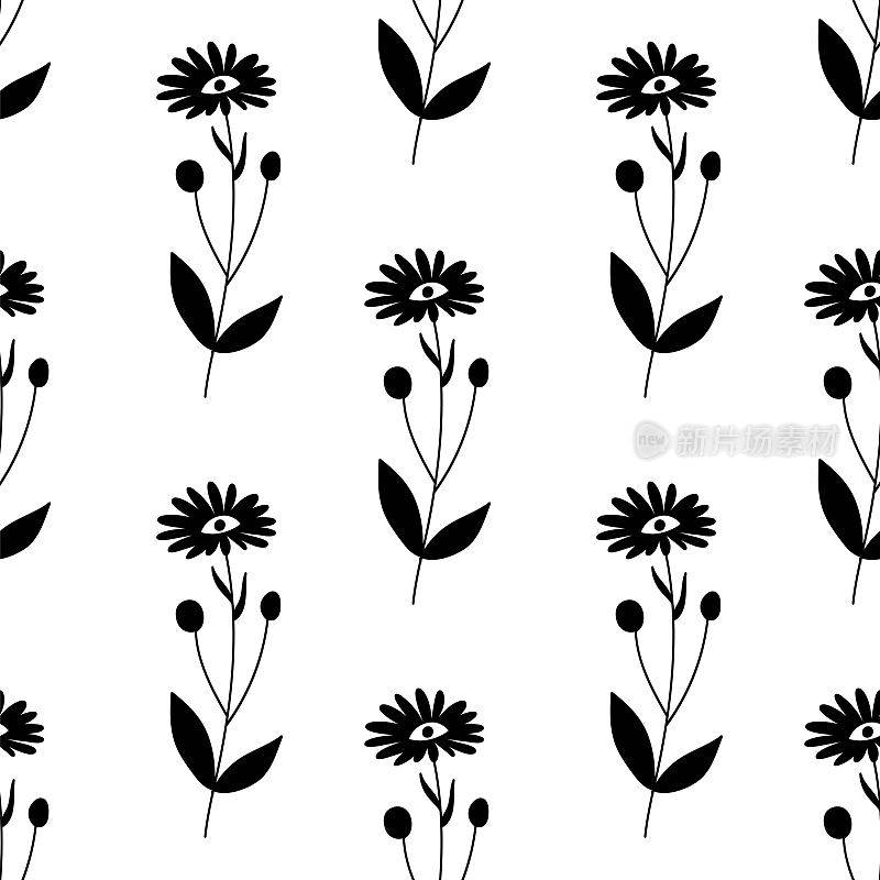 无缝单色花卉图案。黑色的抽象的花朵。植物墨水插图与花卉图案。手绘黑色印花织物，包装纸，墙纸或任何印花。无缝背景与花朵和眼睛。