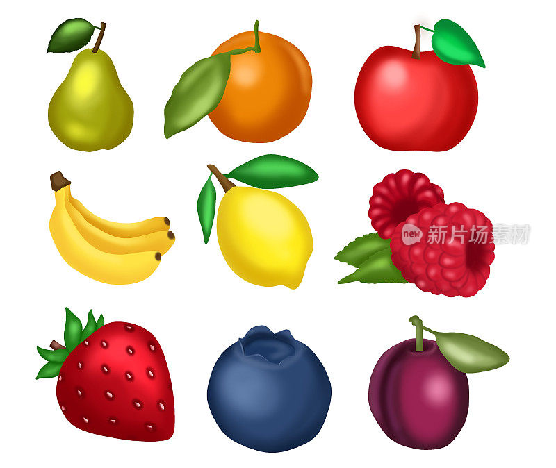 矢量图像集的9个水果图像，梨，橘子，苹果，香蕉，柠檬，覆盆子，草莓，蓝莓，李子