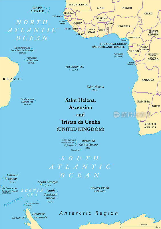 南大西洋群岛，位于非洲和巴西之间，政治版图