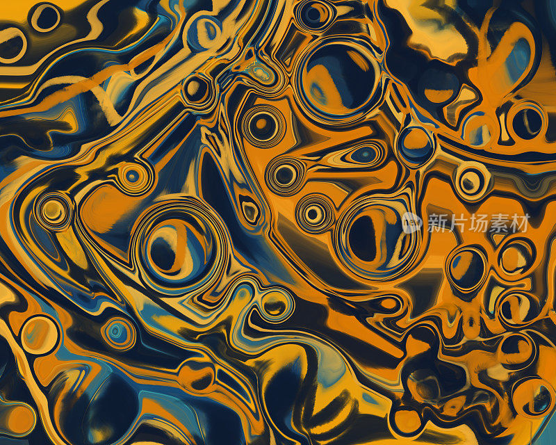 流体艺术纹理。混合涂料效果背景。由橙色和深蓝色混合颜料制成的大理石