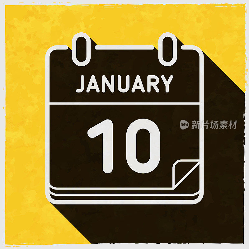 1月10日。图标与长阴影的纹理黄色背景