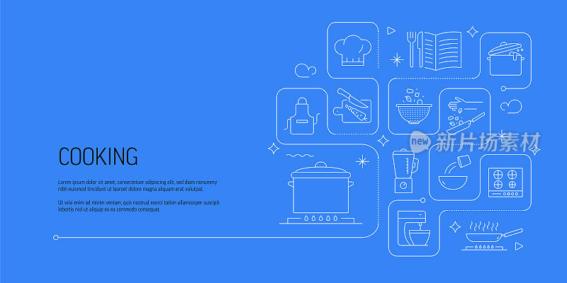 烹饪相关矢量横幅设计概念，现代线条风格与图标