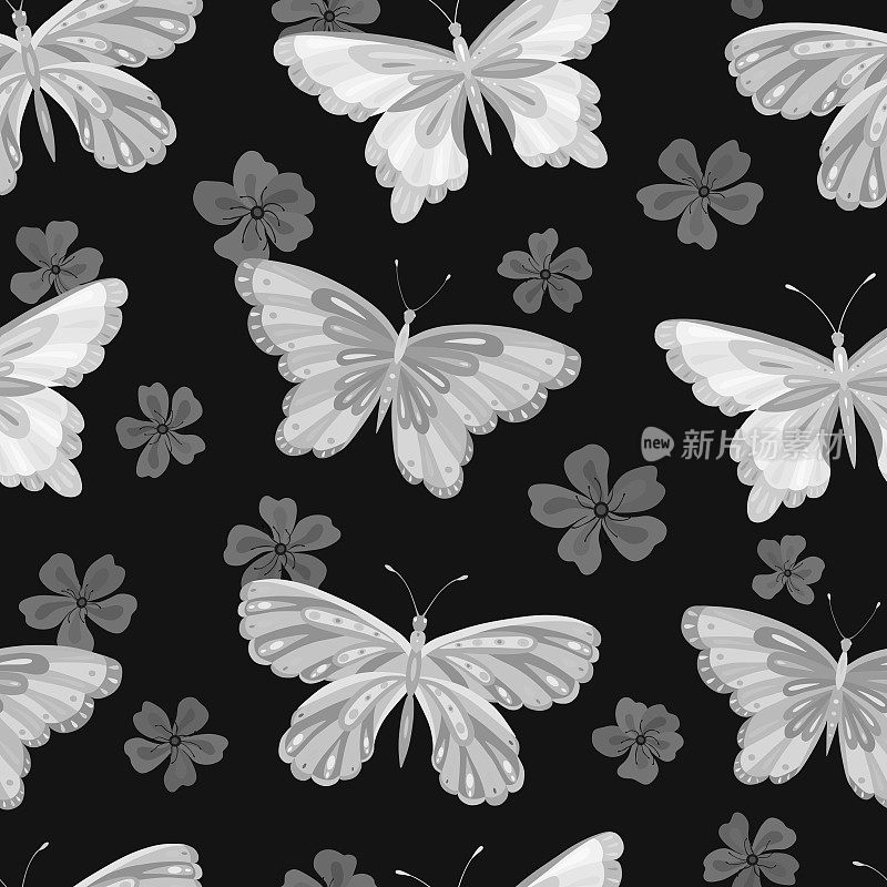 无缝矢量模式与蝴蝶和花朵。