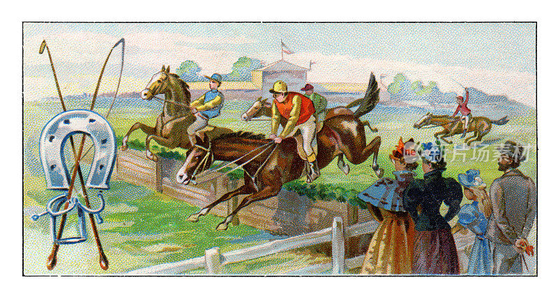 骑师骑着马跳过障碍，1899年的新艺术插画