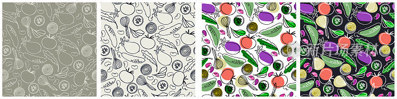 无缝模式设置与蔬菜，豆类和绿色的表面设计，海报，插图。健康食品的主题