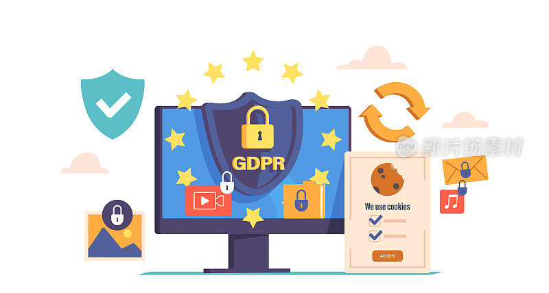 数据保护通用规则计算机显示器、屏蔽和锁的Gdpr概念。欧盟委员会加强