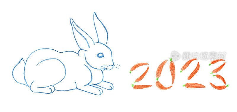 新年兔子与胡萝卜孤立在白色背景插图