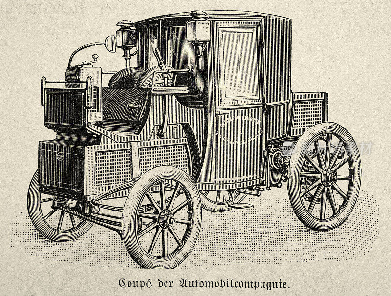 一辆早期汽车的复古插图，19世纪90年代