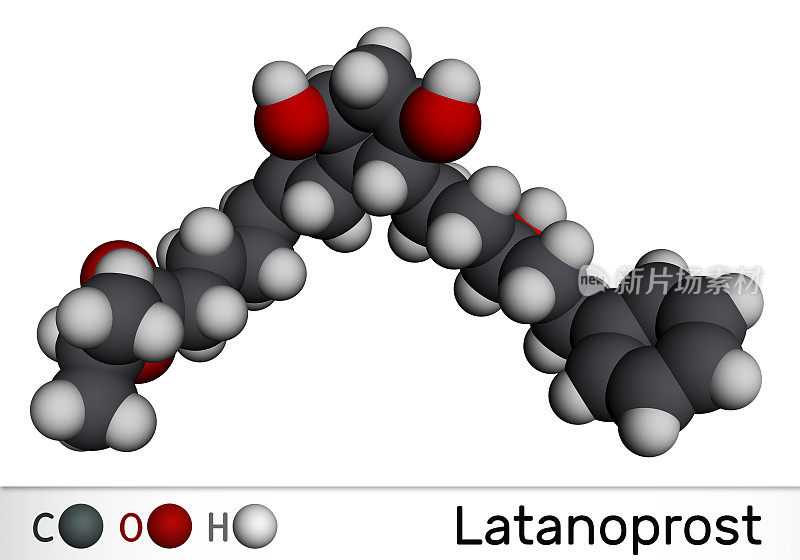 Latanoprost分子。它是治疗眼压增高的异丙酯前药。分子模型。三维渲染