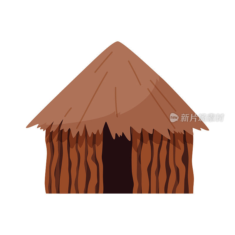 棕色非洲小屋与茅草屋顶平风格，矢量插图