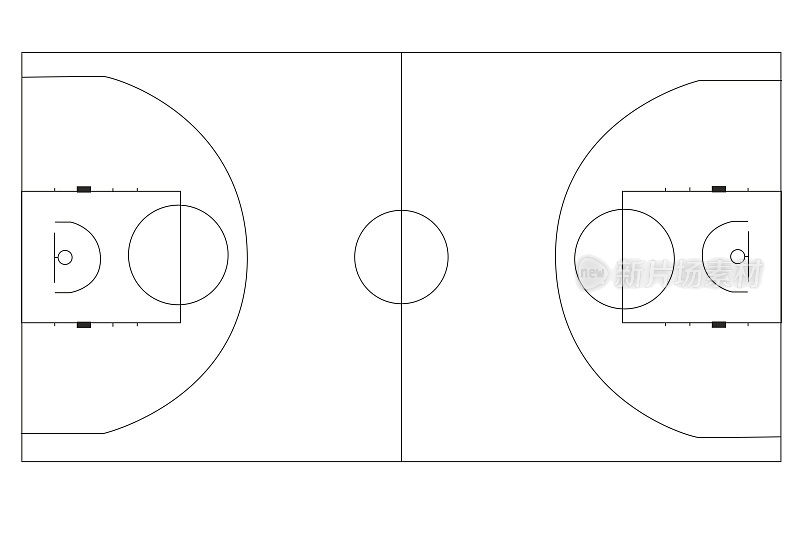 标有标记的篮球场布局。从以上观点。黑白计划。矢量插图在白色背景