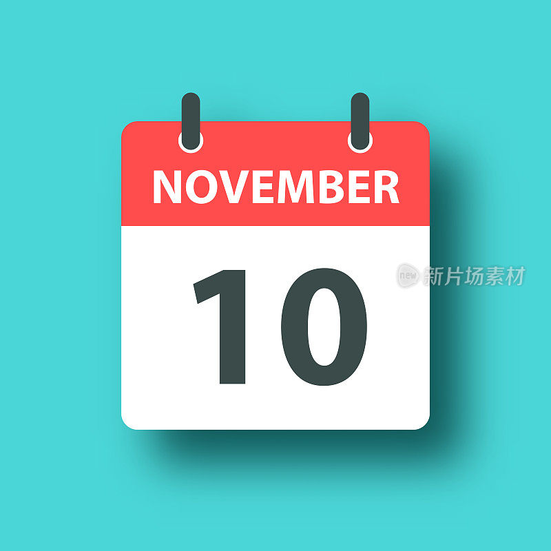 11月10日-日常日历图标在蓝色绿色的背景与阴影