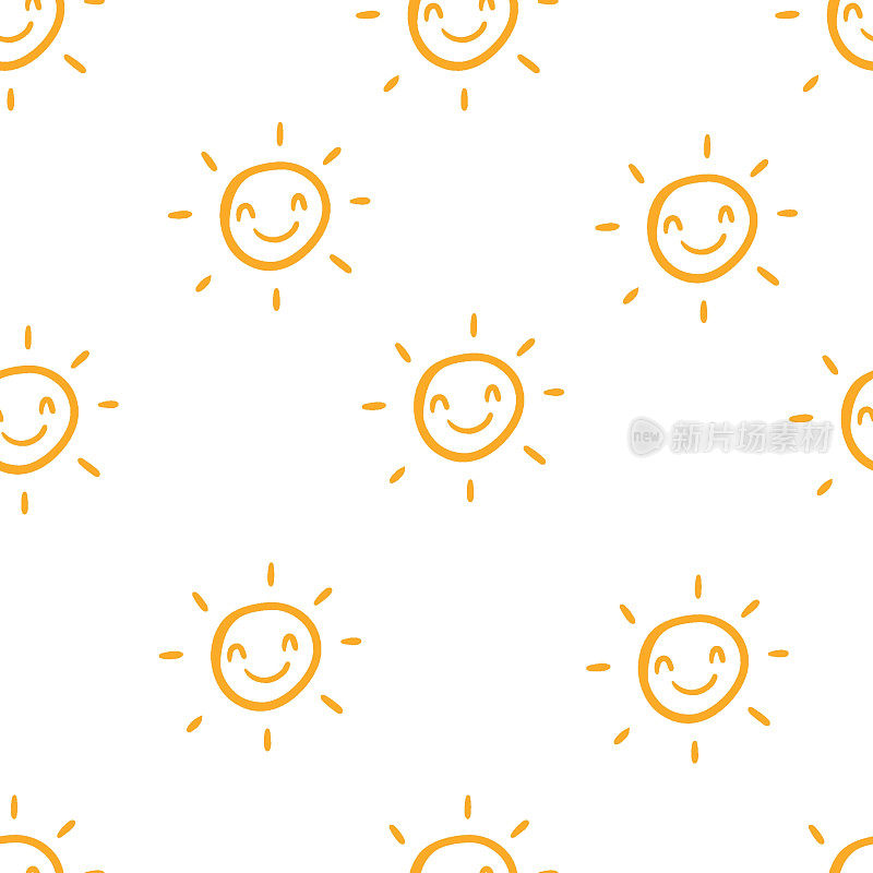 可爱的无缝图案的太阳图标。有趣快乐的笑脸太阳。明亮美丽的卡通背景。矢量图