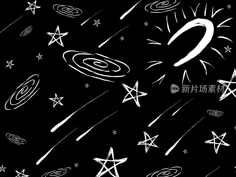 简单的黑白空间涂鸦插图-月亮,星系,彗星和恒星。