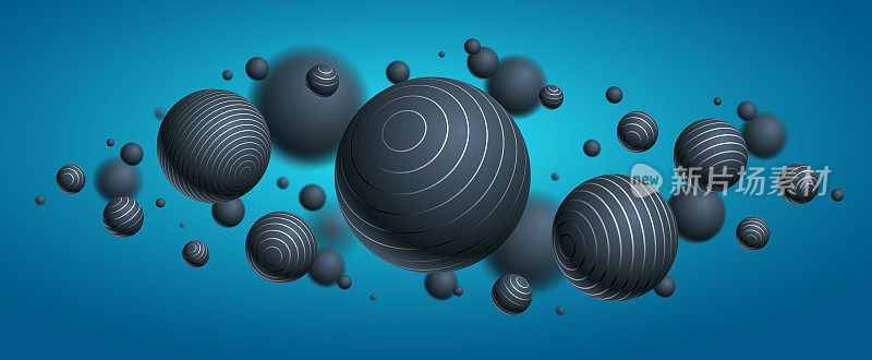 现实的内衬球体矢量插图，抽象背景与美丽的球与线和景深效果，3D球体设计概念艺术。