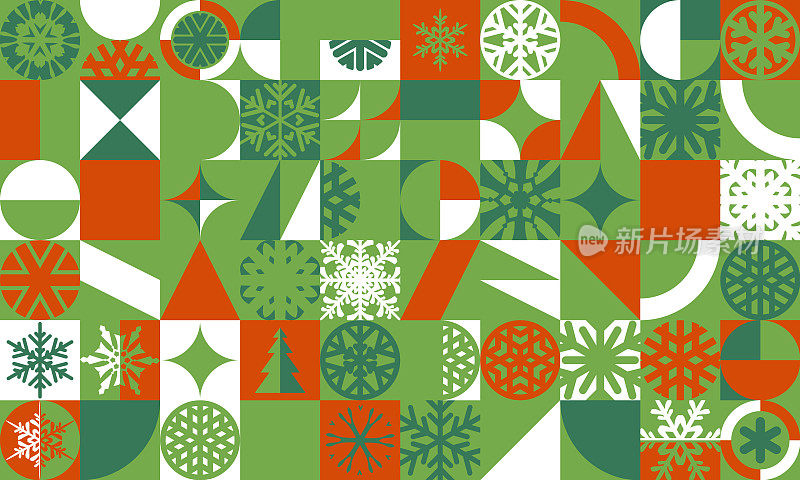 无缝多彩的抽象绿色和红色包豪斯圣诞设计