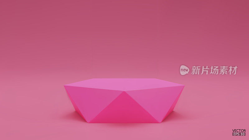 三维矢量几何讲台。粉色六边形立方体，粉色背景的方形讲台。概念场景舞台展示，产品，促销销售，横幅，演示，化妆品。三维矢量插图。