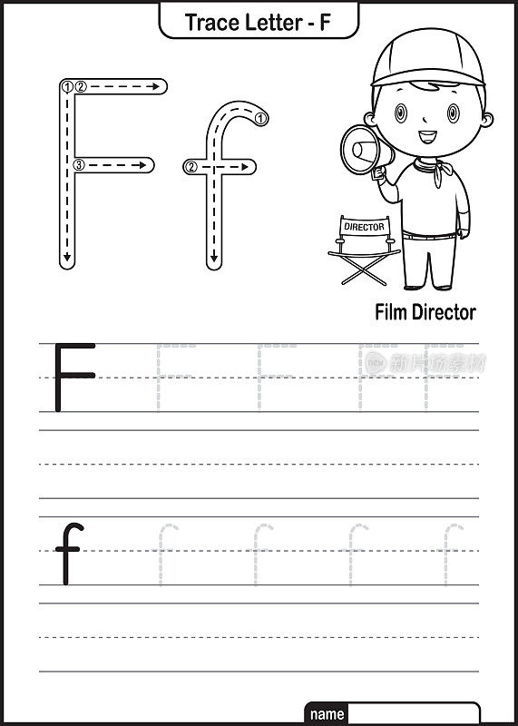 字母跟踪字母A到Z学龄前工作表与字母F电影导演亲矢量