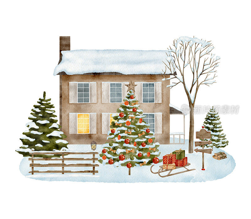 水彩圣诞屋插画。手绘冬季小屋，装饰圣诞树，雪橇与礼物，木栅栏，雪杉树孤立在白色的背景。乡村度假的场景。