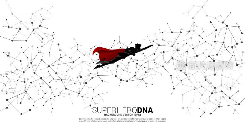男人的剪影在超级英雄套装飞行与多边形点连接线。商业数字化转型的概念