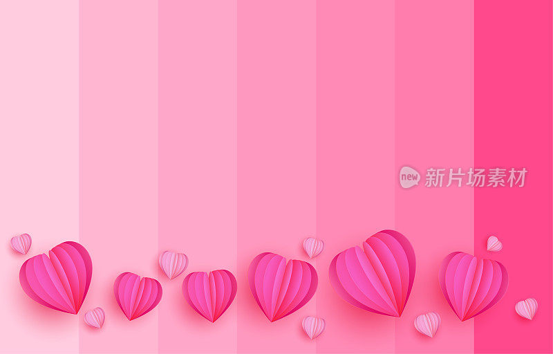 剪纸元素在粉红色和甜蜜的背景下飞行的形状的心。爱情矢量符号为情人节快乐，生日贺卡设计。