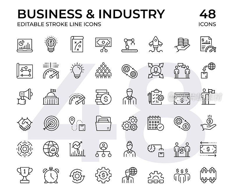业务和行业矢量线图标集。可编辑的笔画，像素完美的黑线图标。此图标集包含装配线、创新、流程图、导出、导入、计划等图标