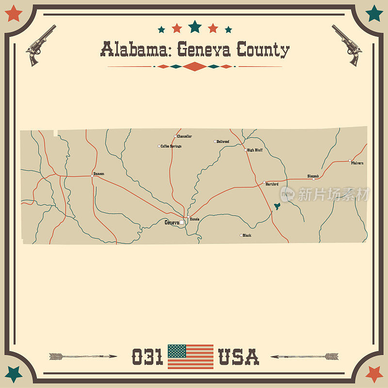 美国阿拉巴马州日内瓦县的古地图。