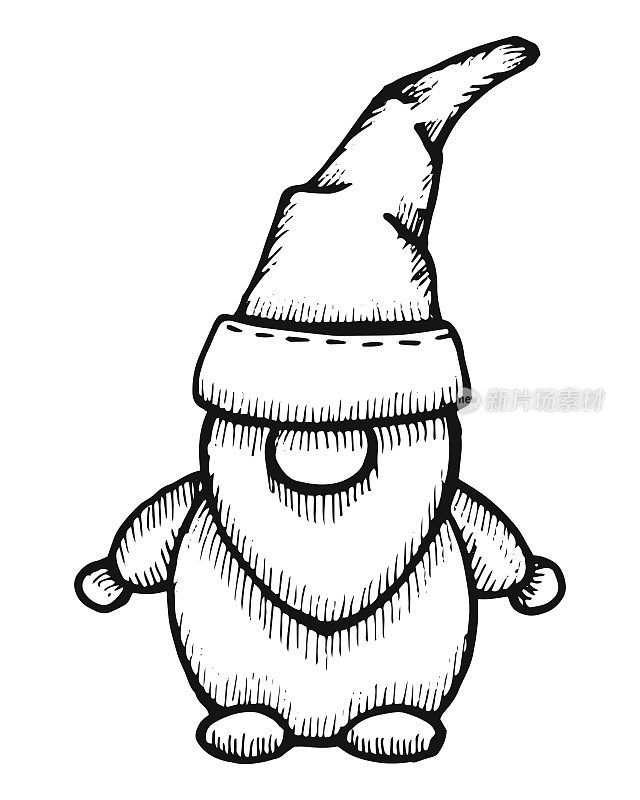 圣诞精灵或侏儒。矢量手绘，一个戴着大帽子的小胡子男人的插图。节日新年的侏儒