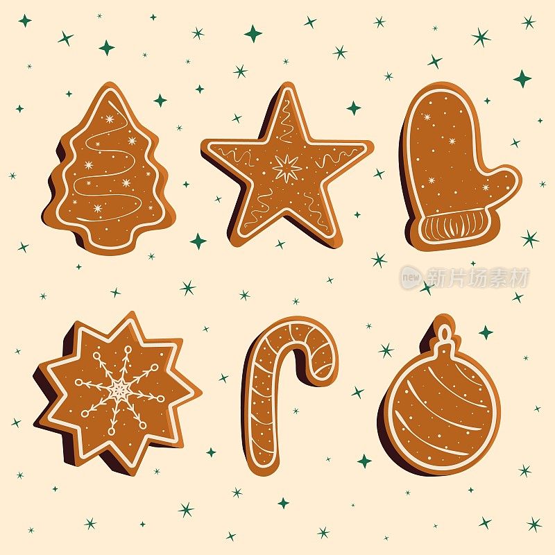 一套圣诞饼干。扁平的姜饼。各种形状的上釉姜饼。圣诞符号、新年装饰元素。